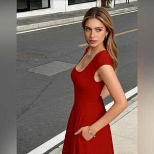 OYS Corset Style Square Neck Lace Up Stretchy Red Midi Dress Size Medium NWT